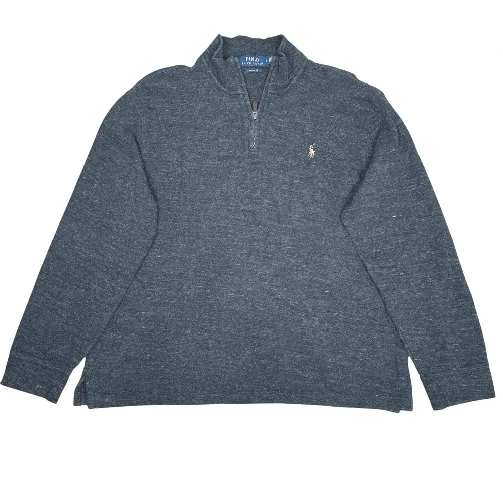 Polo Ralph Lauren Men's Large Estate Rib Q Zip Pullover Heather Gray‎ Flesh Pony
